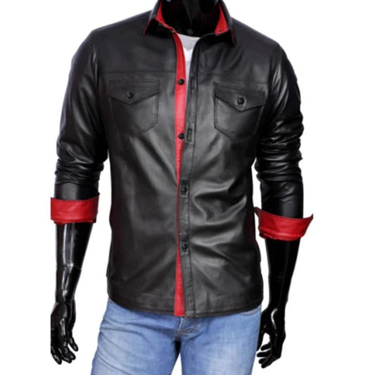 Men's Real Lambs Leather Police Military Style Shirt Cuir Bluf Red and Black Contrast Shirt