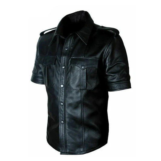 Mens Hot Real Sheep Leather Police Uniform BLUFF Gay Shirt Half Sleeves