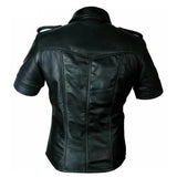 Mens Hot Real Sheep Leather Police Uniform BLUFF Gay Shirt Half Sleeves