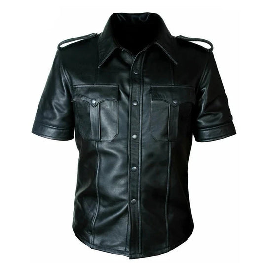 Mens Hot Real Sheep Leather Police Uniform BLUFF Gay Shirt Half Sleeves