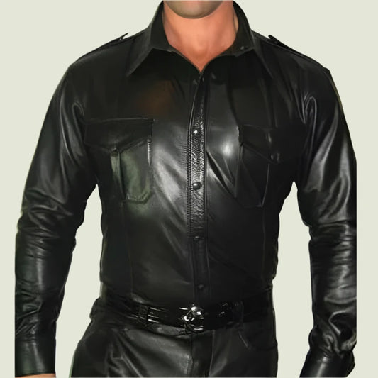 Men's Real Cowhide Leather Police Uniform Shirt Full Sleeve BLUF Shirt