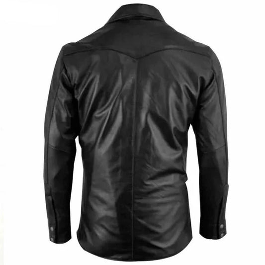 Mens Real Lambskin Leather Black Police Military Style Shirt BLUF Gay Most Sizes