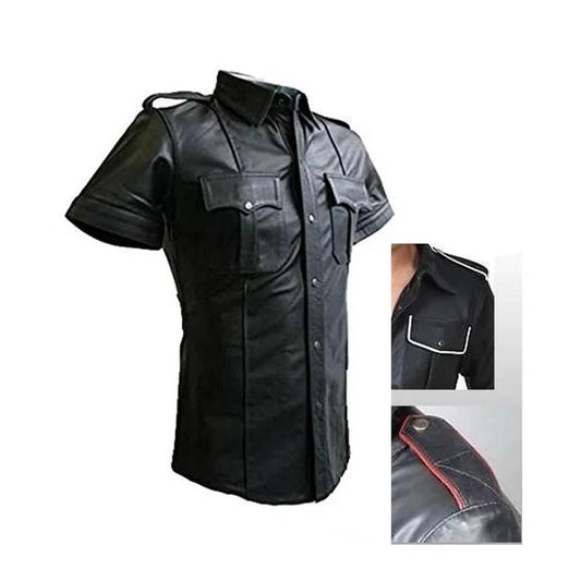 Real Leather Men's Black Police Military Style Shirt BLUF Gay Shirts