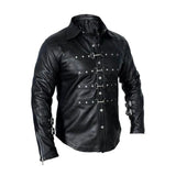 Mens Black Lambskin Leather Hot Police Uniform Steampunk Shirt Bluf Gay Sheep Lamb Full Sleeves