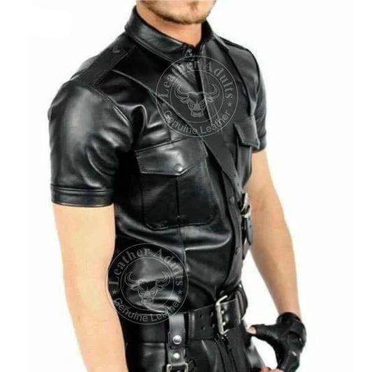 Mens Lambskin Nappa Leather Police Black Shirt Cuir Bluf Lederhemd Lederharren Bikers