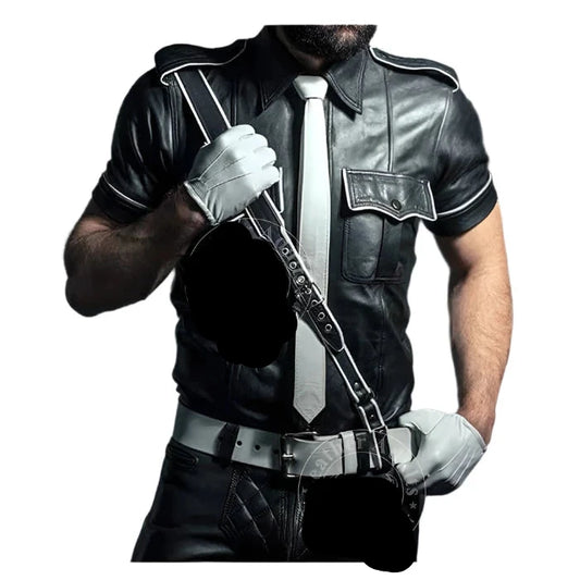 Mens Real Lambskin Nappa Leather White Piping Police Black Shirt Cuir Bluf Lederhemd Lederharren Bikers