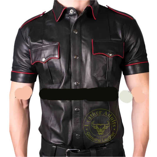 Mens Real Lambs Leather Police Style red piping Black Bikers Shirt