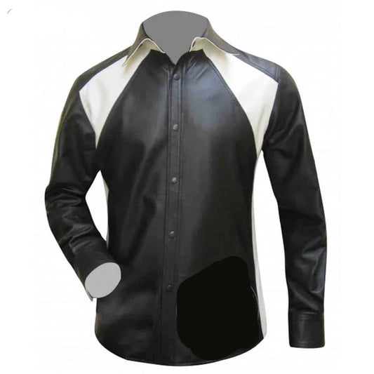 Men's Real Sheep Nappa Leather Full Sleeve BLUF Bespoke Tailored Shirt in Black and White Two Tone Design