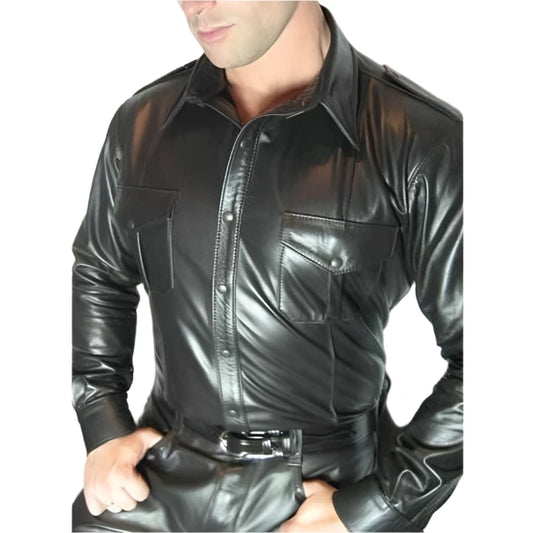 Men's Real Leather Police Shirt Long Sleeves Leather Police Style BLUF Shirt