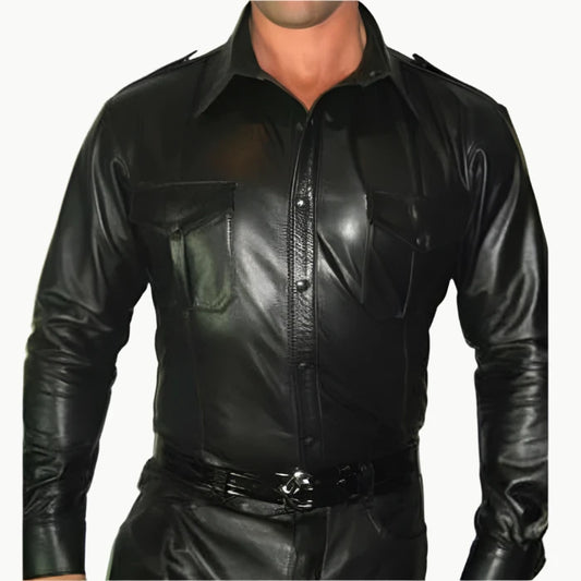 Men's Real Leather Police Shirt Long Sleeves Leather Police Style BLUF Shirt