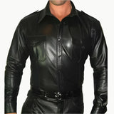 Men's Real Leather Police Shirt Long Sleeves Leather Police Style BLUF Shirt