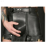 Mens Real Cowhide Leather Chastity Shorts Black Double Zips Shorts