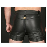 Mens Real Cowhide Leather Chastity Shorts Black Double Zips Shorts