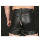 Mens Real Cowhide Leather Chastity Shorts Black Double Zips Shorts