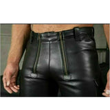 Mens Real Cow Leather Black Cargo Shorts with Double Zip Carpenter Utility Shorts