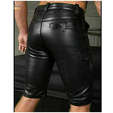 Mens Real Cow Leather Black Cargo Shorts with Double Zip Carpenter Utility Shorts