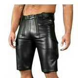 Mens Real Cow Leather Black Cargo Shorts with Double Zip Carpenter Utility Shorts