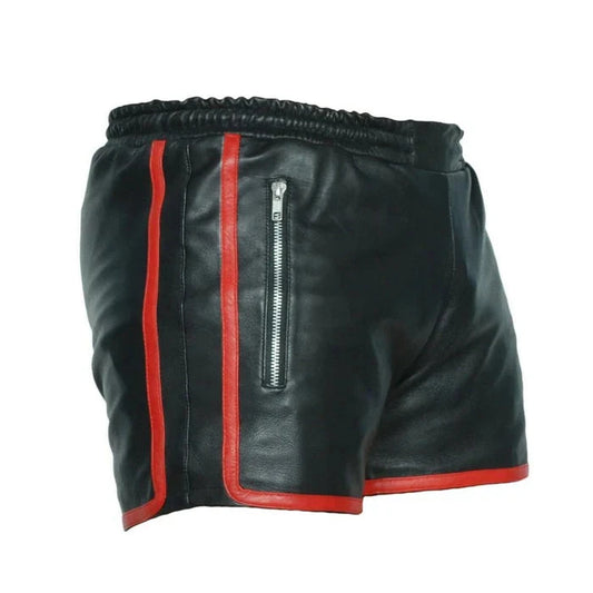 Mens Genuine Cow Leather Black and Red Shorts Clubwear Shorts