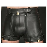 Mens Real Cowhide Leather Chastity Shorts Black Double Zips Shorts