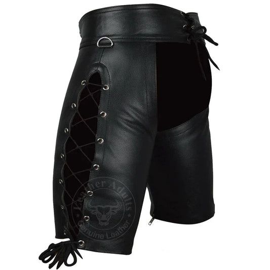 Men's Genuine Black Cow Leather Laced Chaps Club wear Shorts With Jockstrap