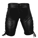 Men's Genuine Black Cow Leather Laced Chaps Club wear Shorts With Jockstrap