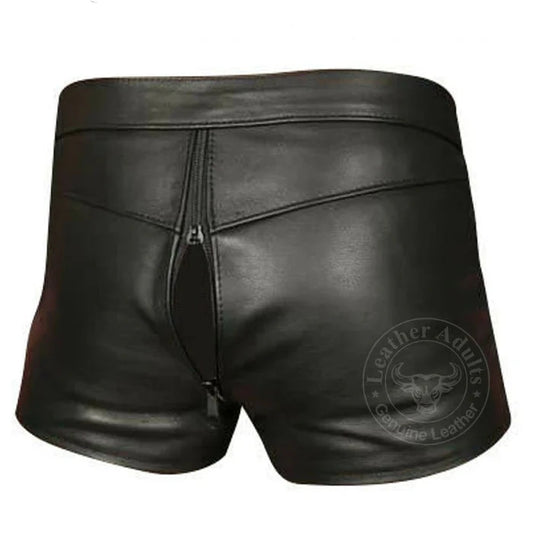 Mens Black Real Cowhide Leather Chastity Shorts Double Zips Shorts