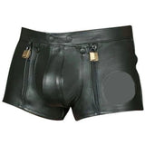 Mens Black Real Cowhide Leather Chastity Shorts Double Zips Shorts