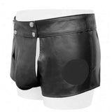 Mens Real Black Leather Short With Detachable Front Pouch Codpiece Front opening Gay Shorts