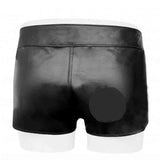 Mens Real Black Leather Short With Detachable Front Pouch Codpiece Front opening Gay Shorts