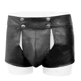 Mens Real Black Leather Short With Detachable Front Pouch Codpiece Front opening Gay Shorts