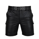 Mens 100% Genuine Leather Cargo Shorts With Six Pocket and Belt