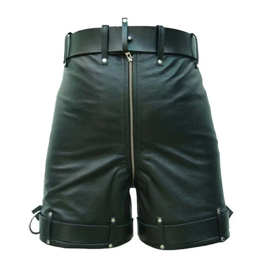 Men's Leather Bondage / Locking Chastity Shorts Genuine Cow Leather