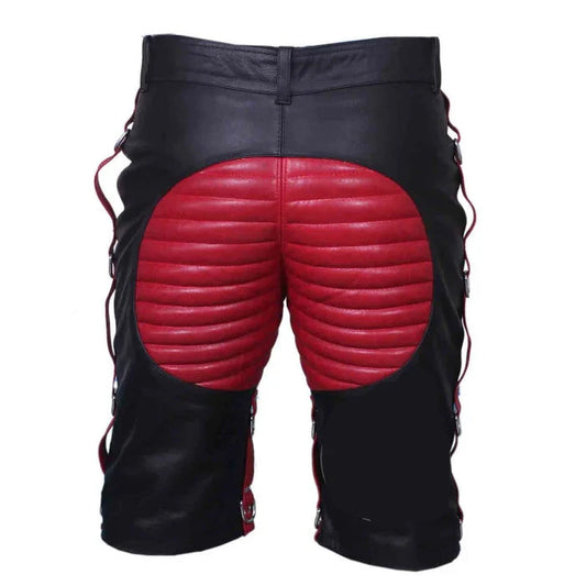 MENS REAL LEATHER BLACK AND RED/YELLOW SHORTS Clubwear or Bondage Genuine Cow Leather Shorts