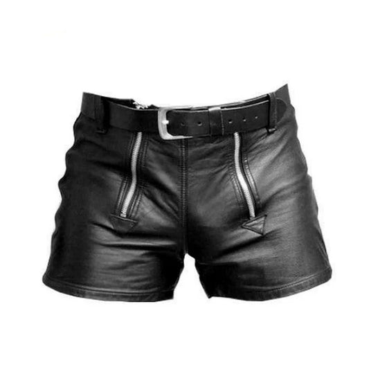 Men's 100% Genuine Leather Shorts with Double Zipper