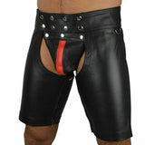 Men's Black Real Cowhide Leather Chaps Shorts Leather Chaps Shorts with Red/YELLOW Stripe