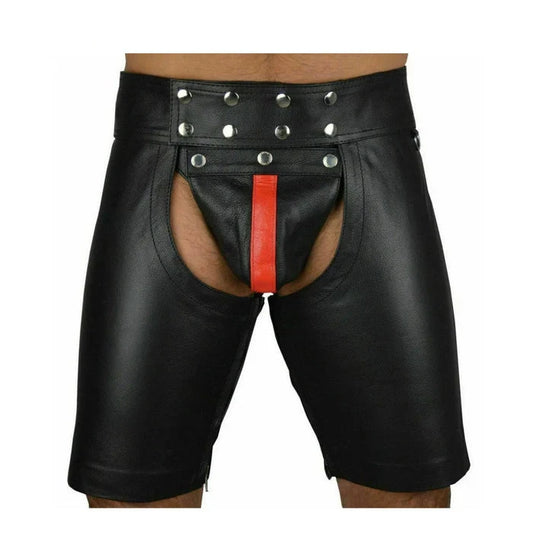 Men's Black Real Cowhide Leather Chaps Shorts Leather Chaps Shorts with Red/YELLOW Stripe