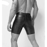 New Black Real Leather jean style mid thigh shorts Codpiece Front opening Gay Shorts