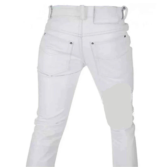 Men's White Genuine Leather Seamless Skinny Pants Five pockets Jeans Style Premium Kink Trousers