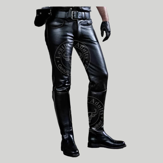 Mens Black Cowhide Leather Pants Trousers Lederjeans Lederhosen Breeches BLUF Pants