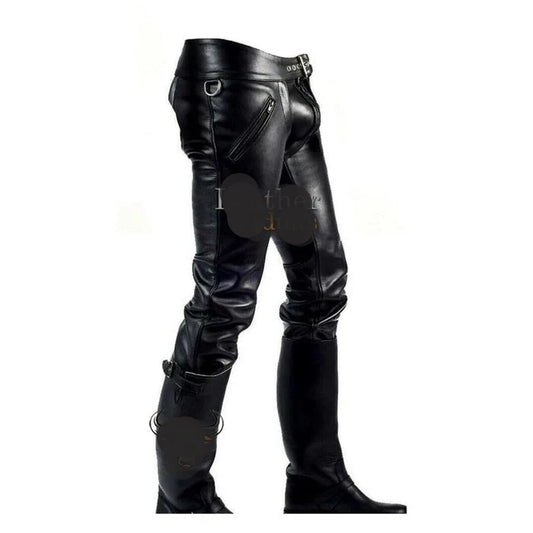 Mens Black Real Cowhide Leather Chaps Bikers Chaps Gay Interest Trousers BLUF Pants