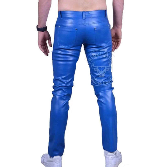 Mens Blue Cow Leather Sleek and Sexy 501 Style Jeans BLUF Pants Bikers Trousers