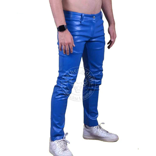 Mens Blue Cow Leather Sleek and Sexy 501 Style Jeans BLUF Pants Bikers Trousers