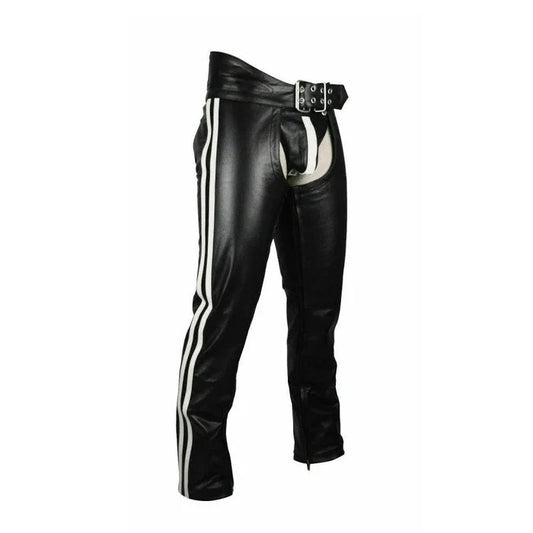 Men's Real Bikers Chaps Leather Chaps White Stripes Leather Gay Chaps with Jockstrap