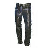 Leather Mens Trousers Black White Piping Pants Biker BLUF Breeches Gay Trousers