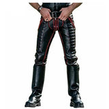 Mens Black Cowhide Leather Red Stripes Double Zip Pants BLUF Breeches Gay Trousers