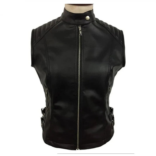 Sexy Women's Ladies Real BLACK SHEEP LAMB Leather Bikers Waistcoat Vest W12