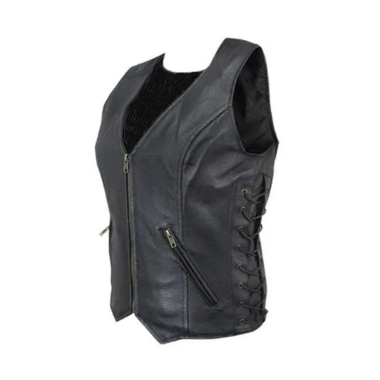 Ladies Genuine Leather Side Laced Waistcoat Vest Sexy Biker