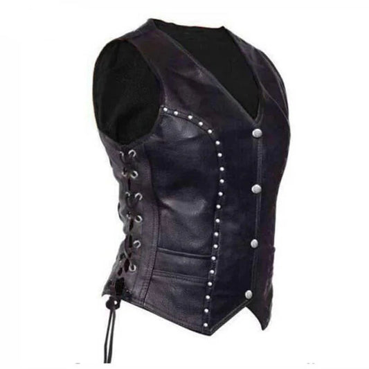 Womens Soft Leather Waistcoat Vest With Detailed Side Lacing Biker Style Vest W10