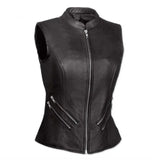 Ladies Soft Black Leather Bikers Waistcoat Vest W9