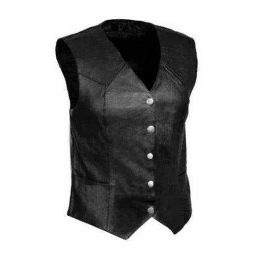 Ladies Soft Black Lambskin Leather Bikers Waistcoat Vest W8